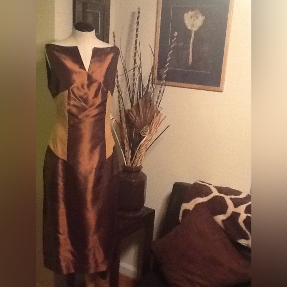 Elegant Brown and Tan Satin Dress
